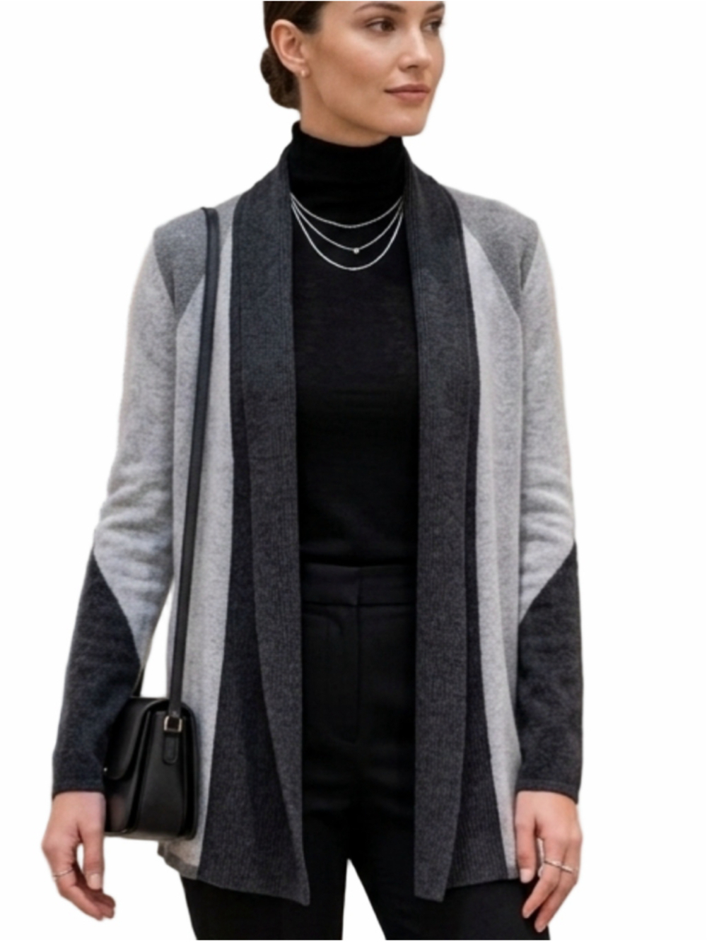 Olsen Europe Gray Colorblock Knit Open Front Draped Cardigan Sweater L/XL 2101